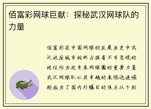 佰富彩网球巨献：探秘武汉网球队的力量